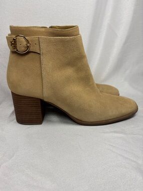 Tory Burch Camel Suede Ankle Bootie with Gold T Buckle